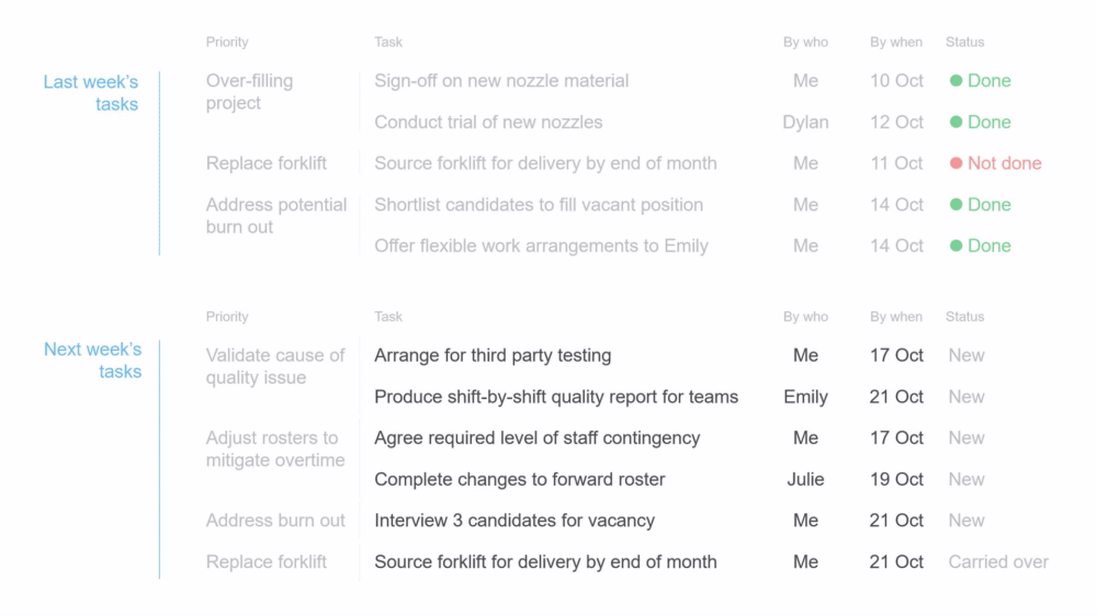 Example of tasks included as supporting information in discussion notes